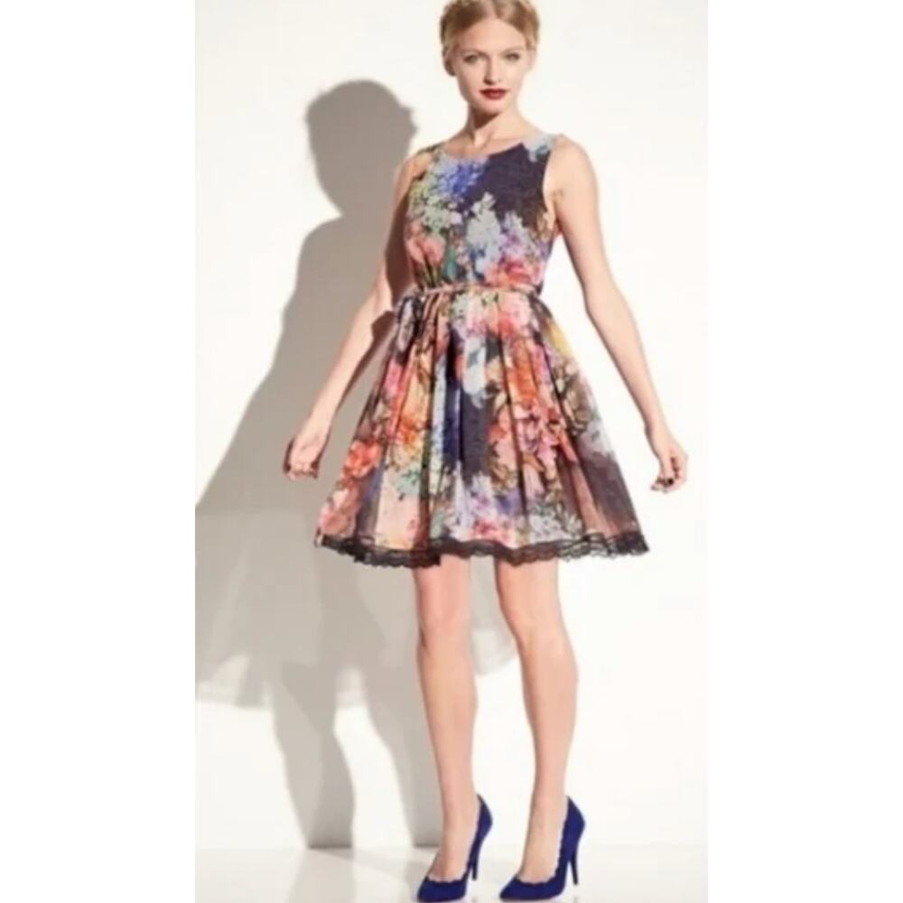 Betsey Johnson Floral Fit-and-Flare Dress in Navy, Pink, Orange and Green